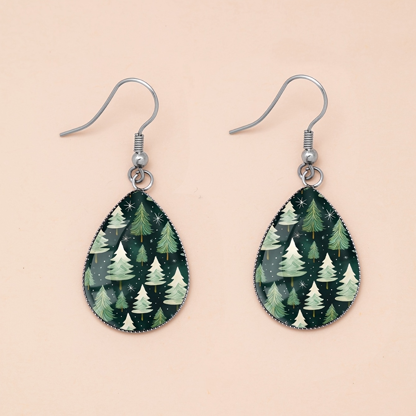 Women's Deep Green Forest Pattern Stainless Steel Water Drop Earrings